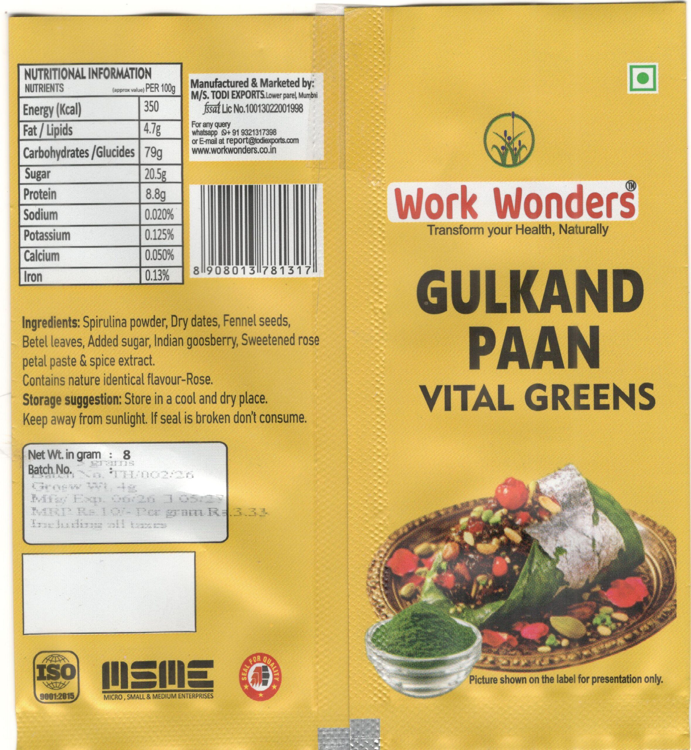 Gulkand Paan with Spirulina (3 gm X1000 Pc) - Image 2